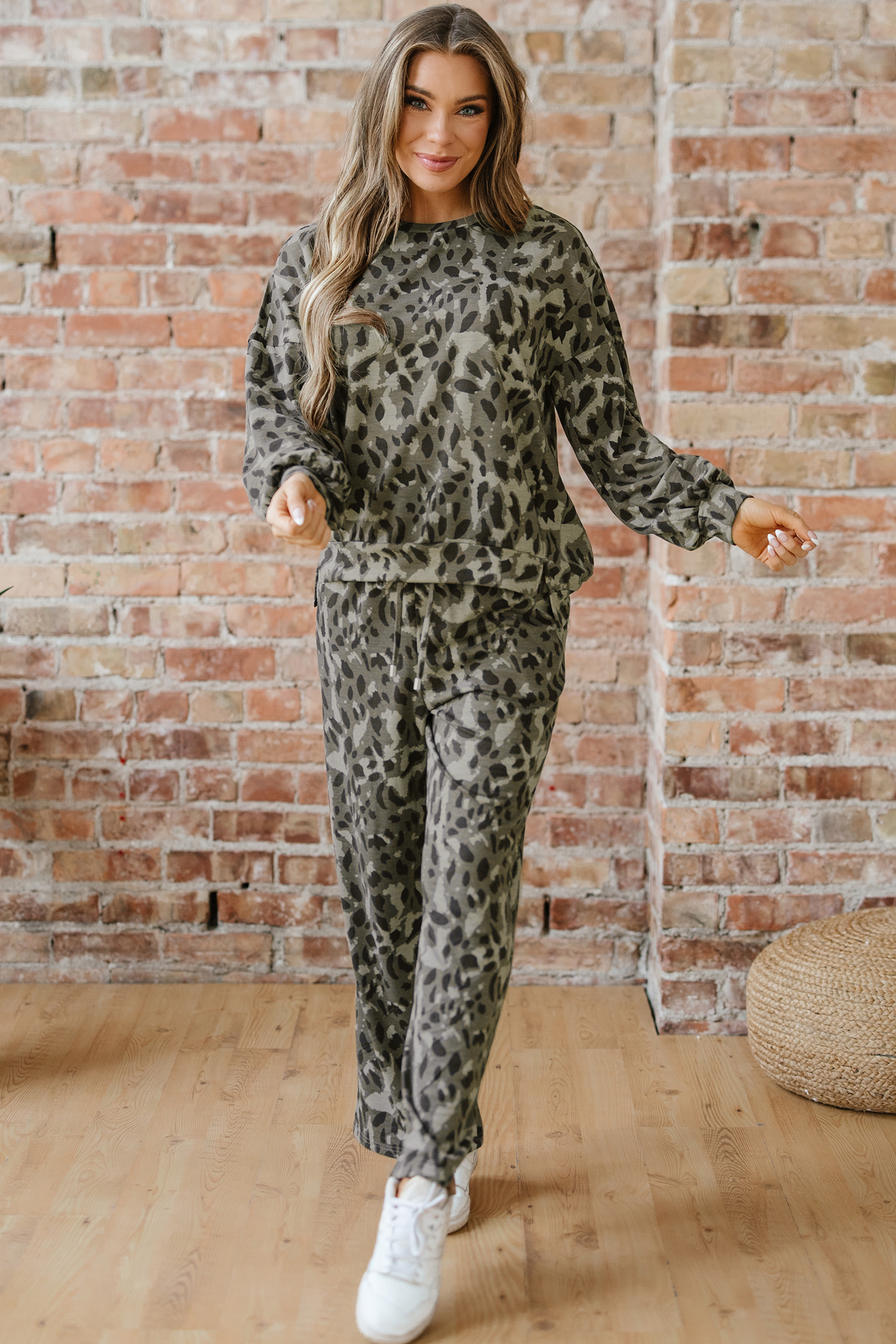 Gray Leopard Print Raw Seam Patchwork Pullover Drawstring Loose Pant Set - Image 5