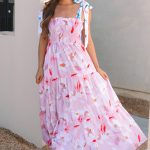 Pink Floral Print Knotted Shoulder Smocked Maxi Dress