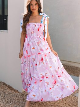 Pink Floral Print Knotted Shoulder Smocked Maxi Dress