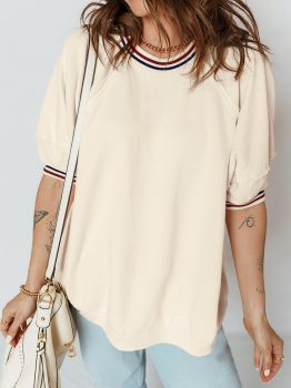 Beige Contrast Varsity Striped Neckline Cuffed Short Sleeve Loose Tunic Top