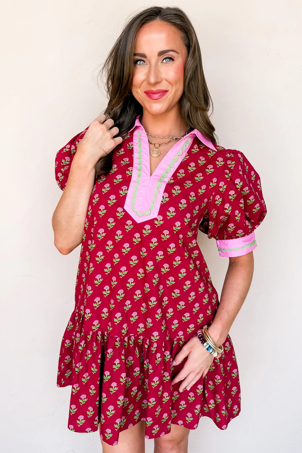 Red Floral Print Contrasted V Neck Short Bubble Sleeve Mini Dress - Image 5