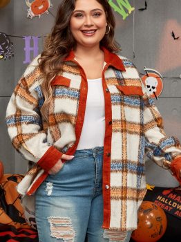 Brown Stripe Plus Size Plaid Print Collared Buttoned Jacket