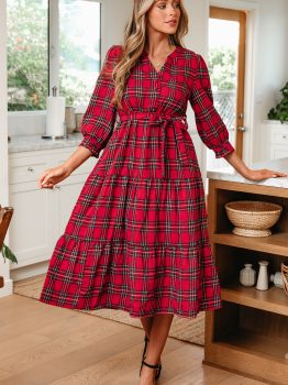 Red Christmas Plaid V Neck 3/4 Sleeve Tie Waist Ruffle Hem Long Dress