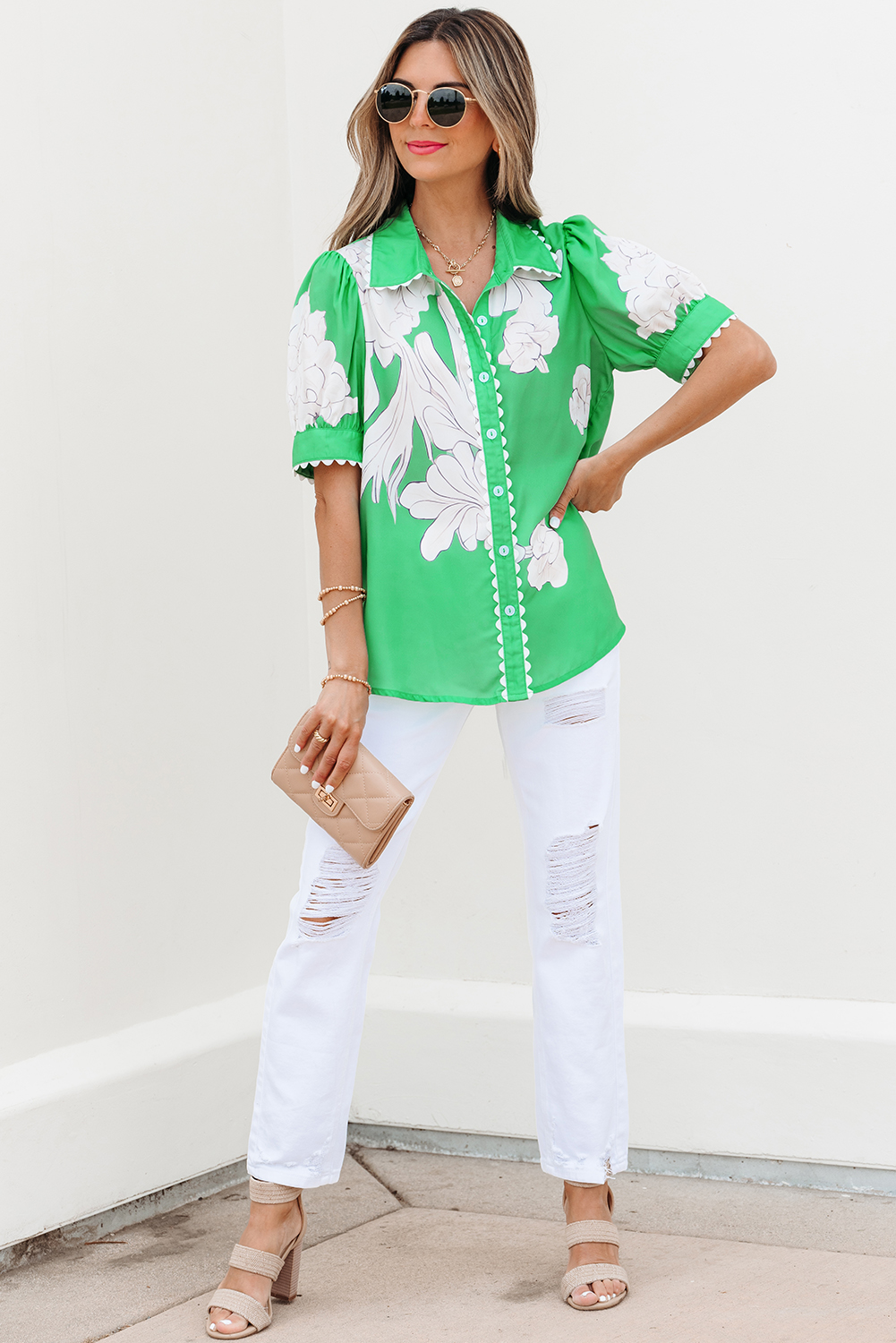Green Floral Ric Rac Edge Puff Sleeve Button Up Summer Shirt - Image 5