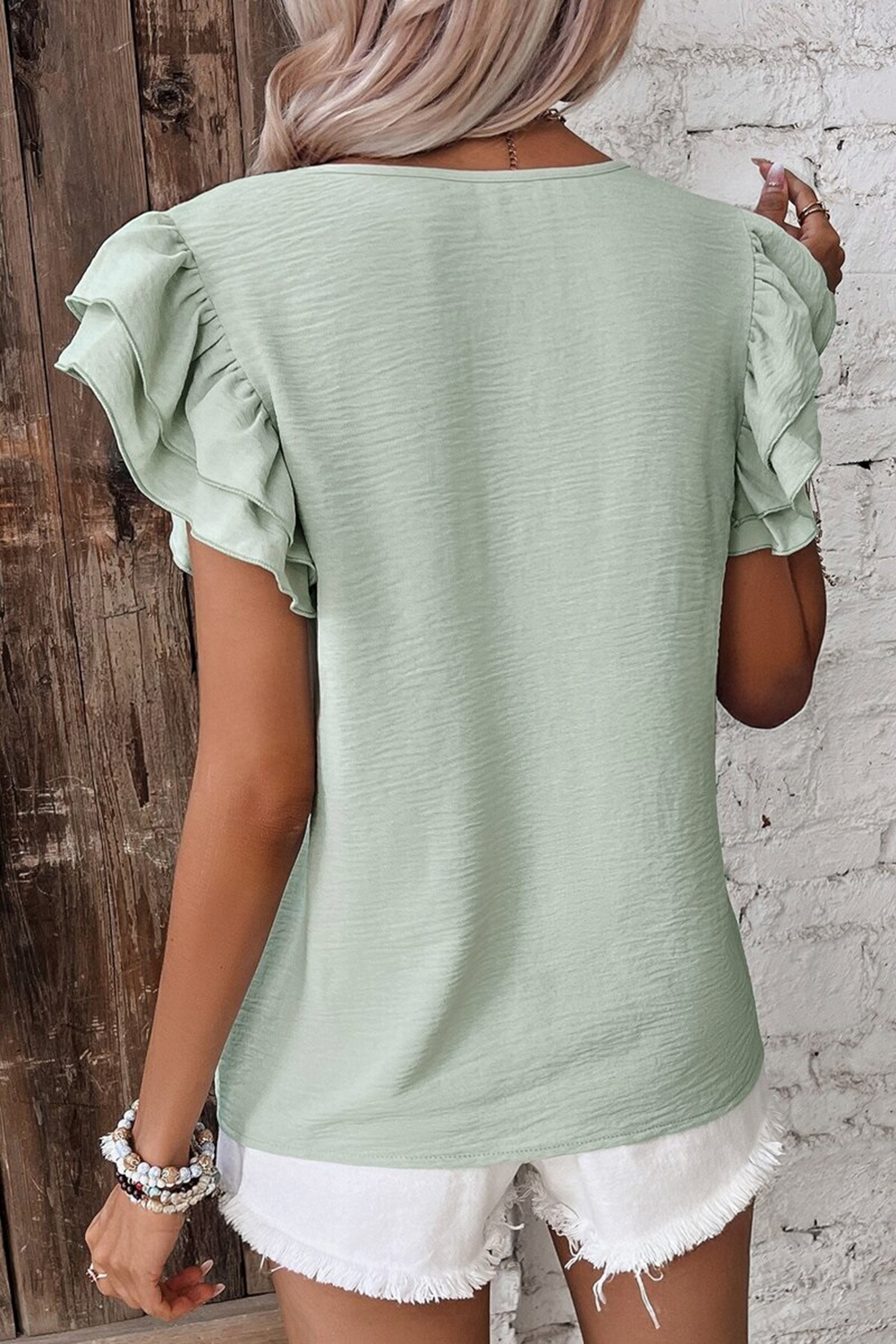 Clearly Aqua Solid Color Ruffled Short Sleeve Casual Blouse - Image 2