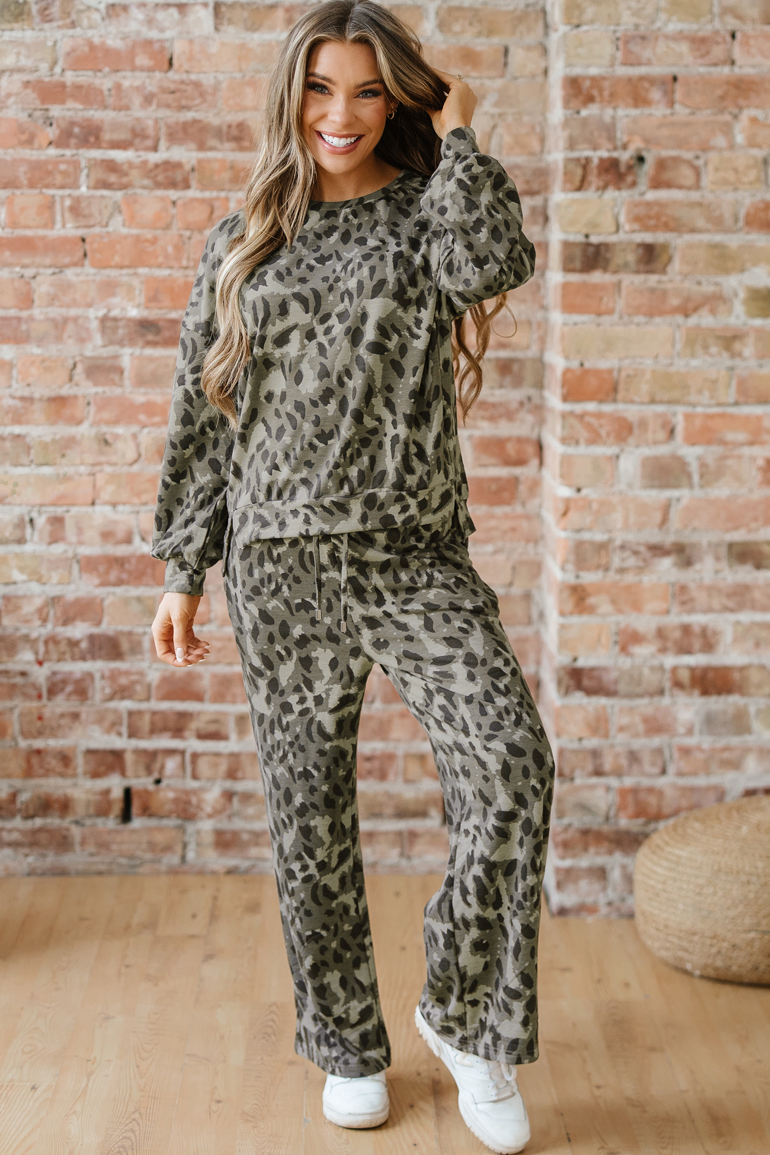 Gray Leopard Print Raw Seam Patchwork Pullover Drawstring Loose Pant Set - Image 7