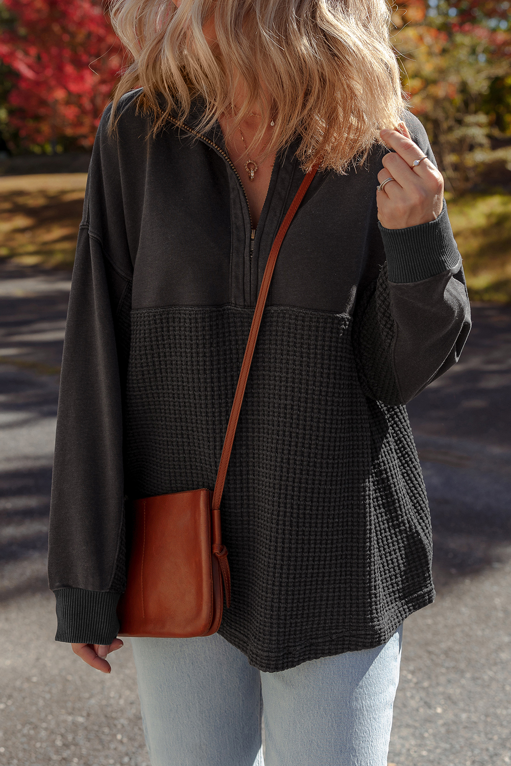 Carbon Grey Waffle Knit Patchwork Half Zipped Casual Sweatshirt - Image 7