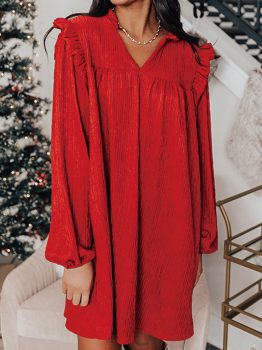 Fiery Red Textured Ruffled Trim V Neck Loose Fit Mini Dress