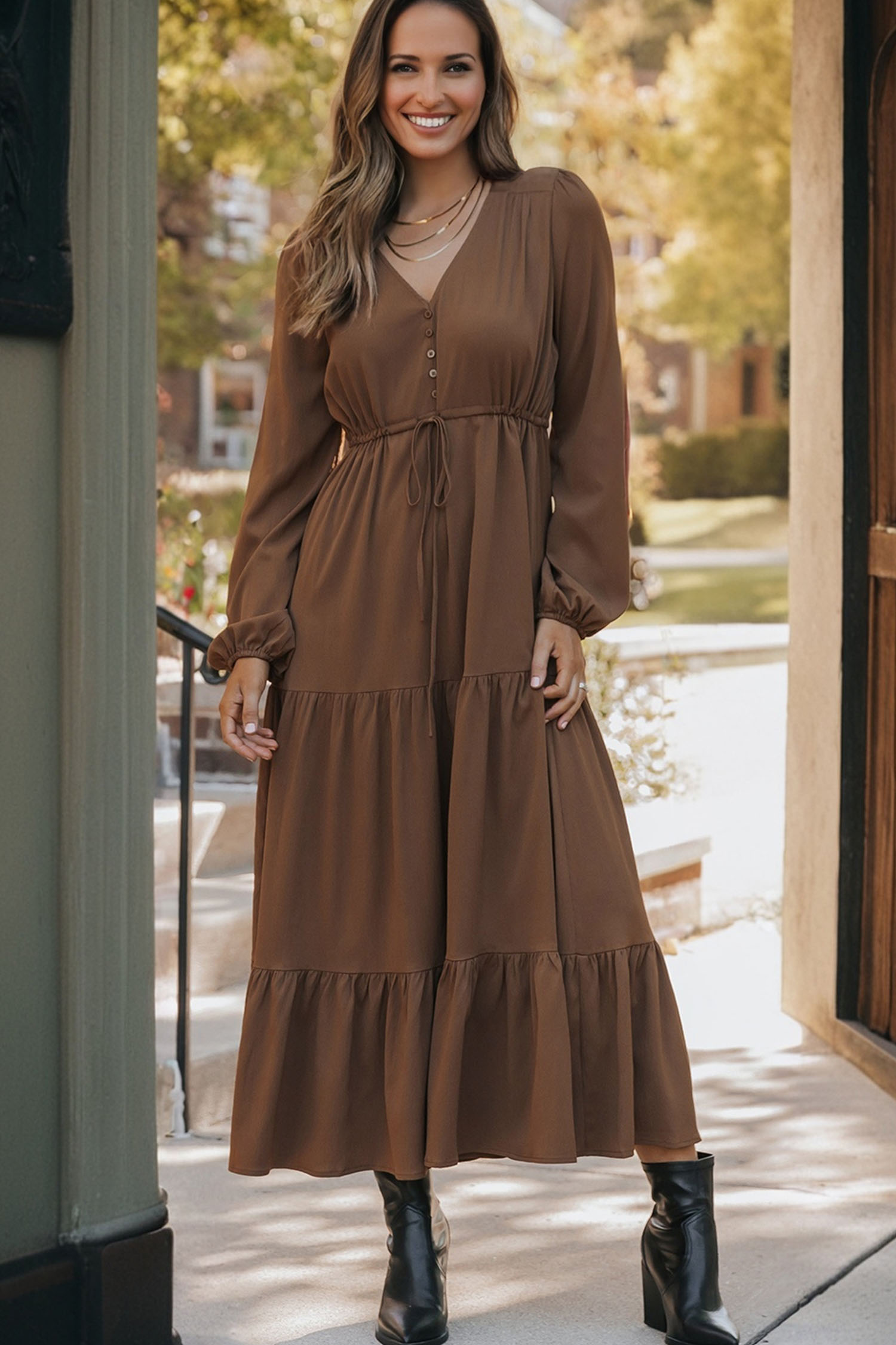 Chestnut Solid Long Sleeve Button V Neck Tiered Maxi Dress - Image 4