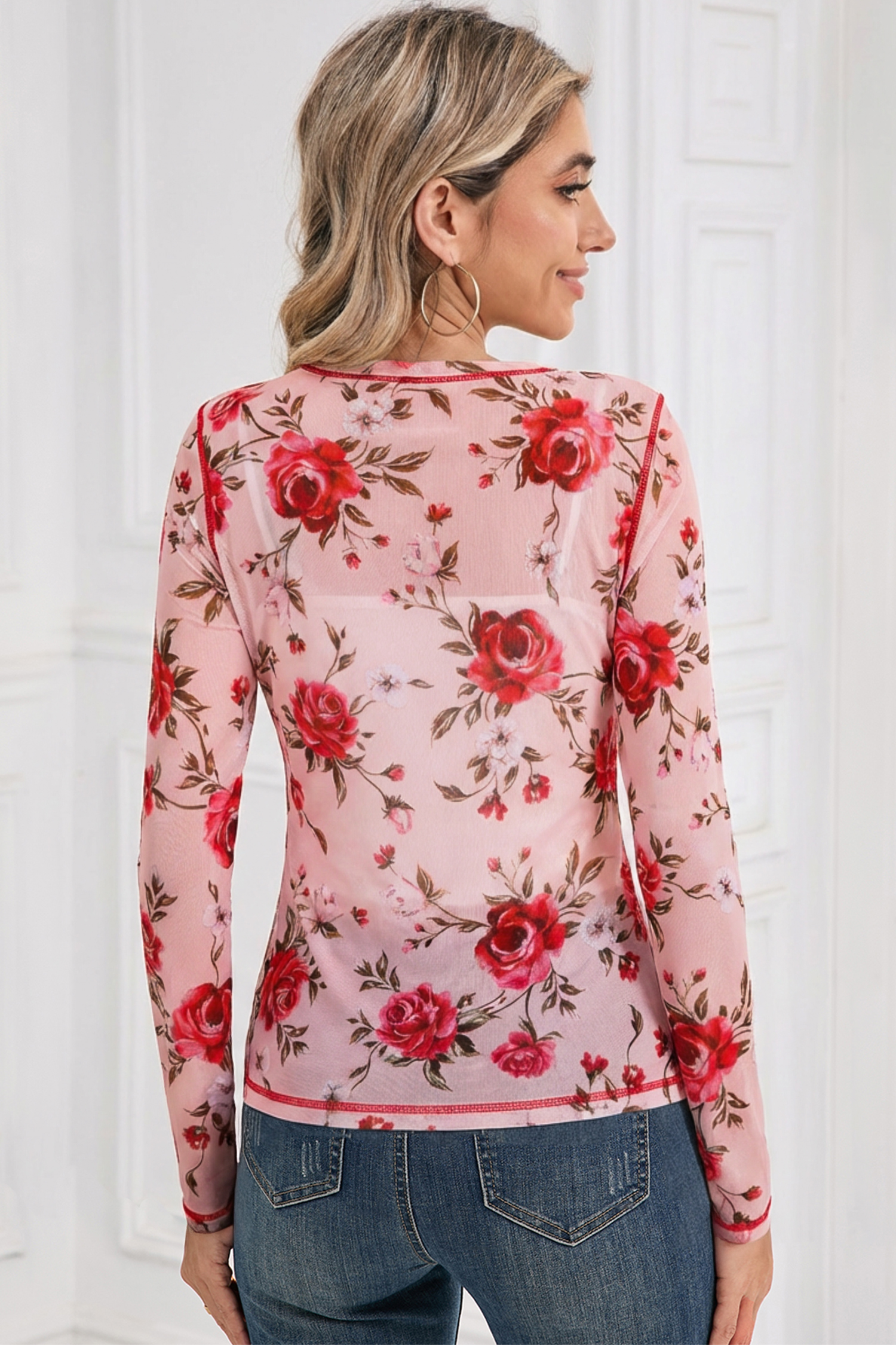 Pink Floral Print Exposed Seam Detail Mesh Long Sleeve Top - Image 2