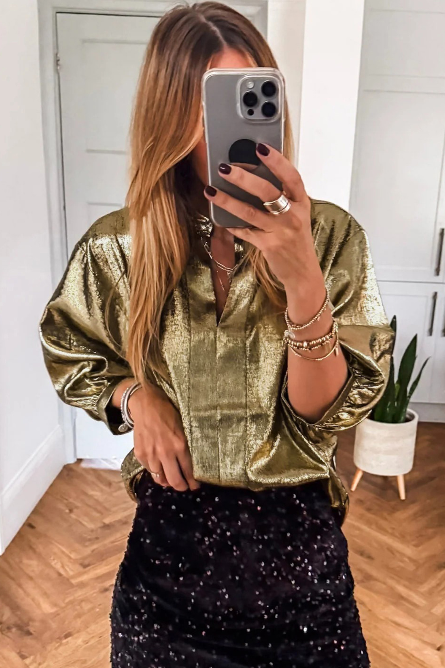 Gold Metallic Split Neck Half Sleeve Blouse - Image 5