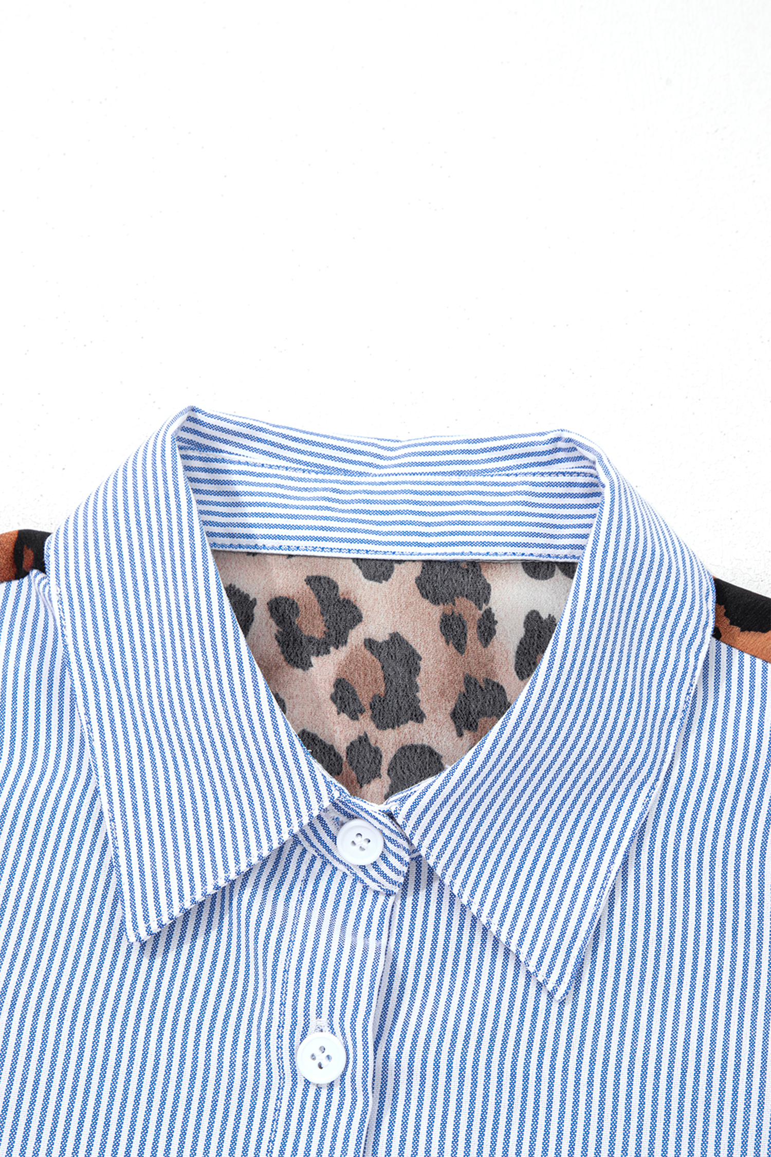 Sky Blue Stripe Contrasted Varsity Stripe Leopard Patchwork Button Down Shirt - Image 7