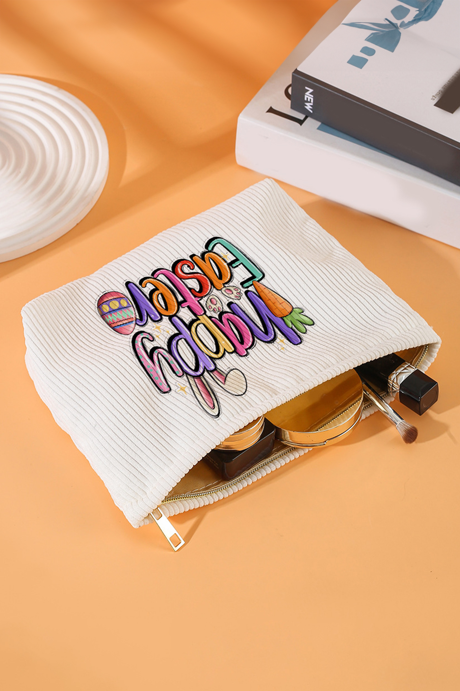 White Happy Easter Playful Printed Corduroy Makeup Bag - Image 4