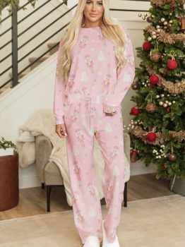Pink Christmas Tree Nutcracker Print 2pcs Lounge Pant Set
