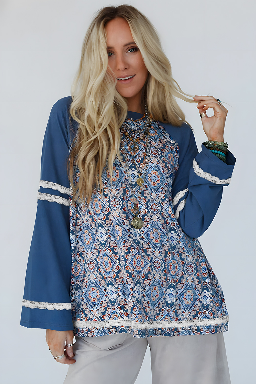 Blue Geometric Printed Lace Patchwork Ric Rac Raglan Long Sleeve Top - Image 4