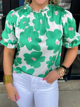 Green Floral Puff Sleeve Frill Neckline Blouse