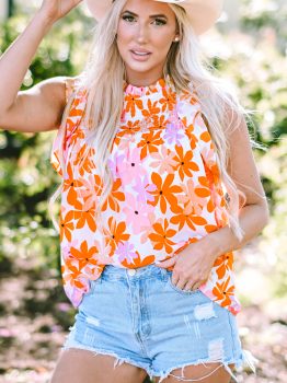 Orange Ruffled Sleeve Smocked Floral Top