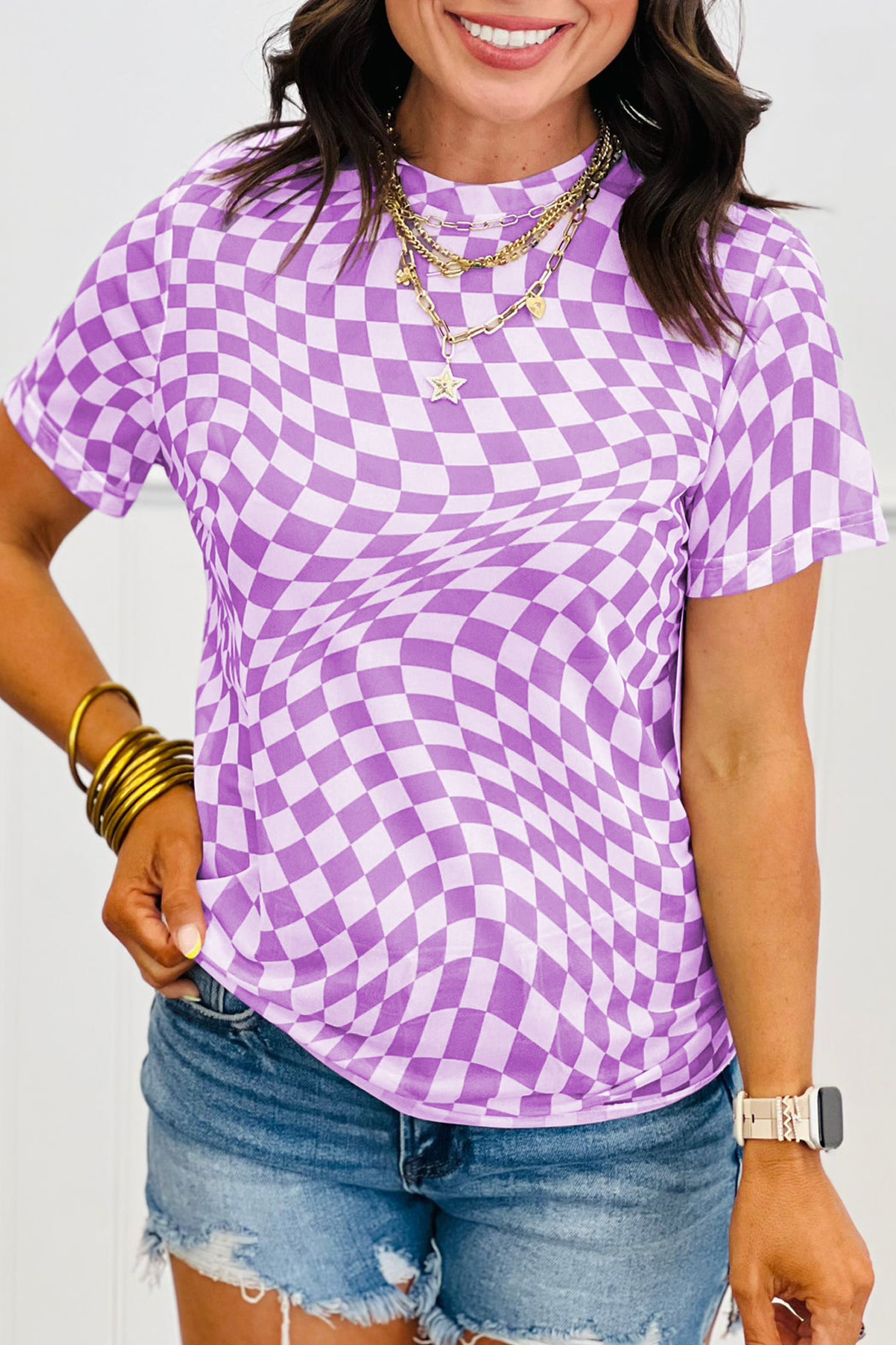 Purple Checkered Print Mock Neck Mesh T Shirt - Image 7