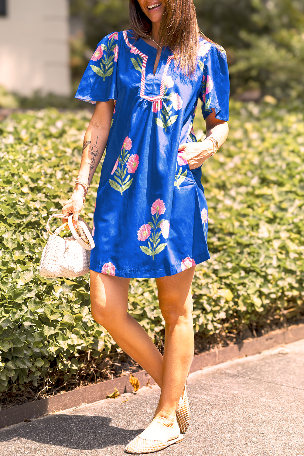 Blue Floral Short Sleeve Split Neck Loose Mini Dress - Image 5