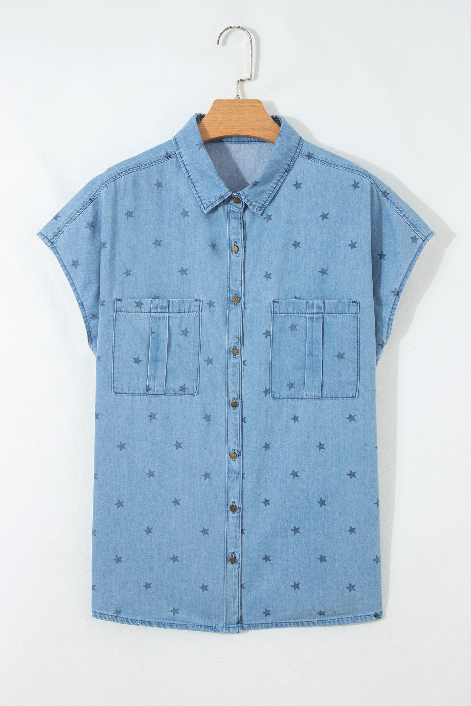 Beau Blue Star Allover Print Double Chest Pocket Short Sleeve Denim Shirt - Image 6