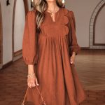 Cinnamon Bracelet Sleeve Split Neck Scallop Detail Pleated Corduroy Mini Dress
