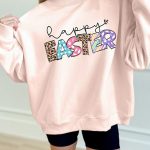 Apricot Pink Happy Easter Playful Letter Printed Sweatshirt