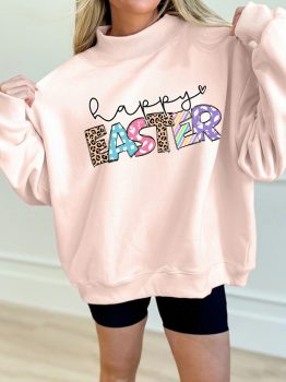Apricot Pink Happy Easter Playful Letter Printed Sweatshirt