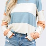 Light Blue Colorblock Striped Drop Shoulder Long Sleeve Top