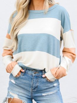 Light Blue Colorblock Striped Drop Shoulder Long Sleeve Top