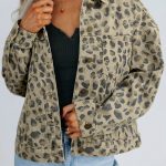 Khaki Retro Leopard Print Seam Detail Button Down Denim Jacket