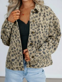 Khaki Retro Leopard Print Seam Detail Button Down Denim Jacket