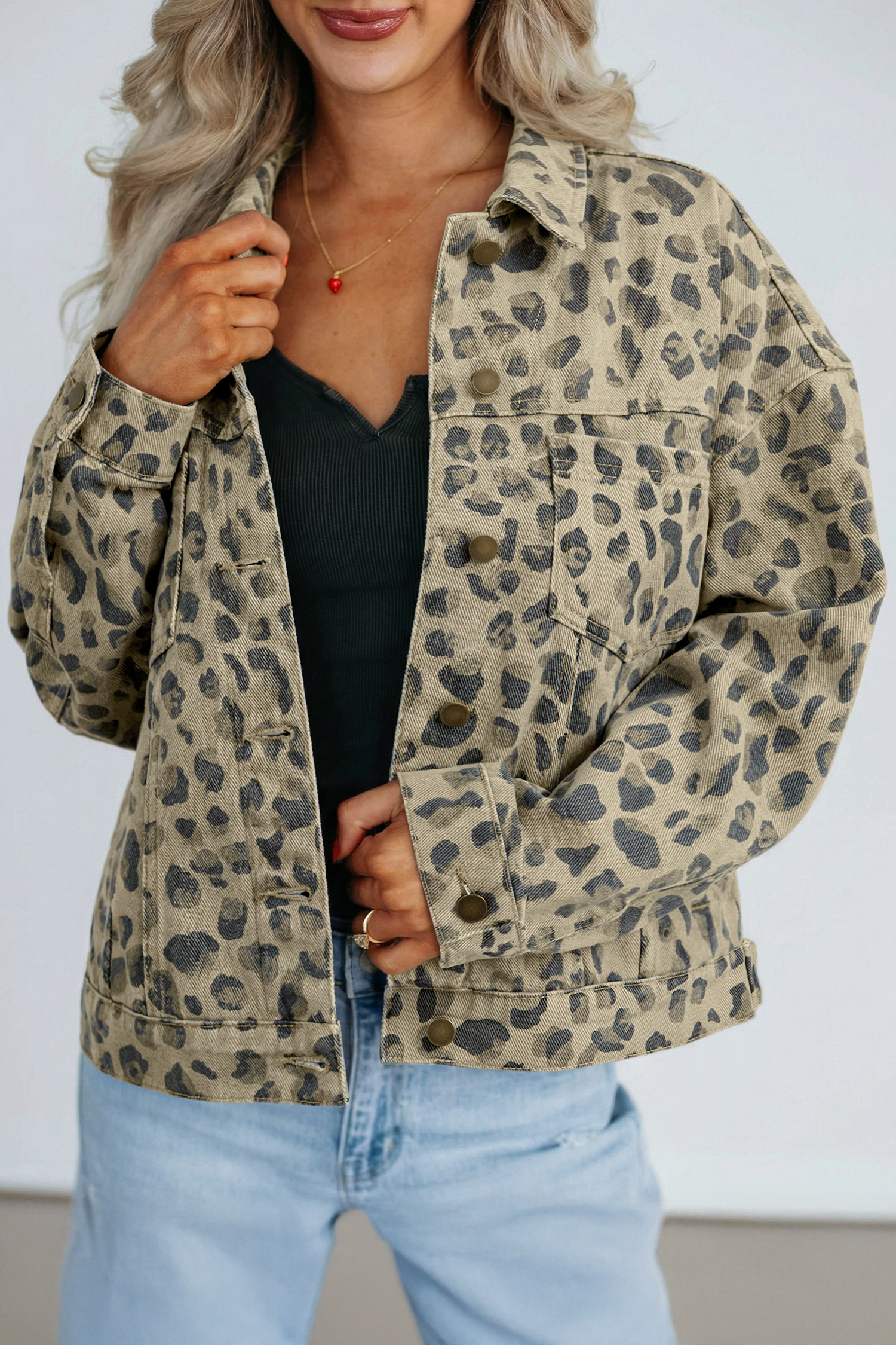 Khaki Retro Leopard Print Seam Detail Button Down Denim Jacket