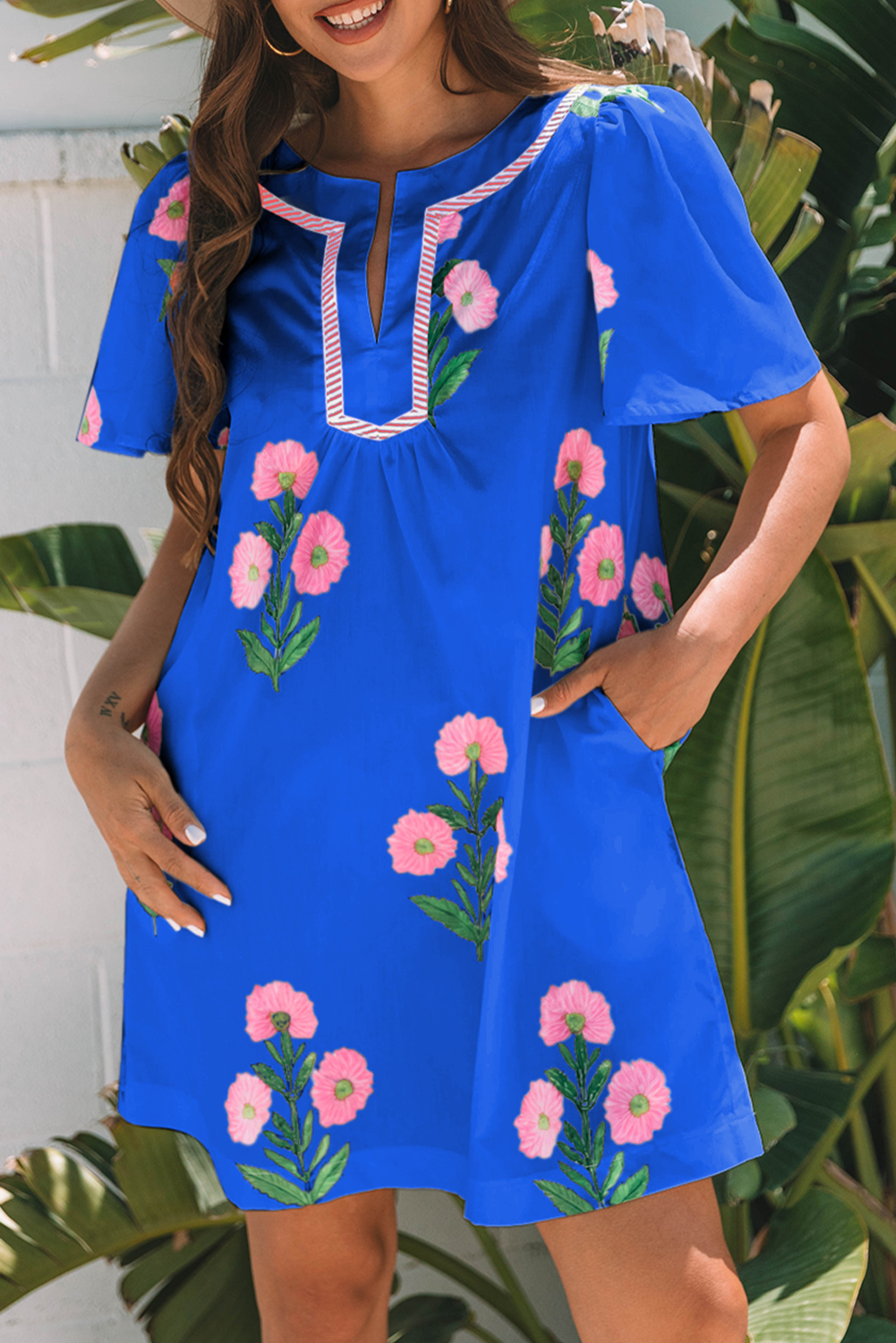 Blue Floral Short Sleeve Split Neck Loose Mini Dress - Image 4