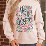 Apricot Pink He is Risen Floral Christian Easter Mock Neck Sweatshirt