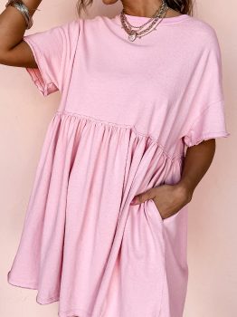 Light Pink Solid Color Pocketed Raw Edge Babydoll Dress