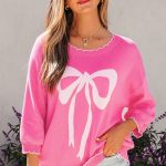 Sachet Pink Big Ribbon Bow Print Contrast Stitch Trim Drop Shoulder Sweater