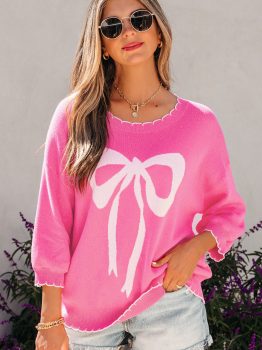 Sachet Pink Big Ribbon Bow Print Contrast Stitch Trim Drop Shoulder Sweater