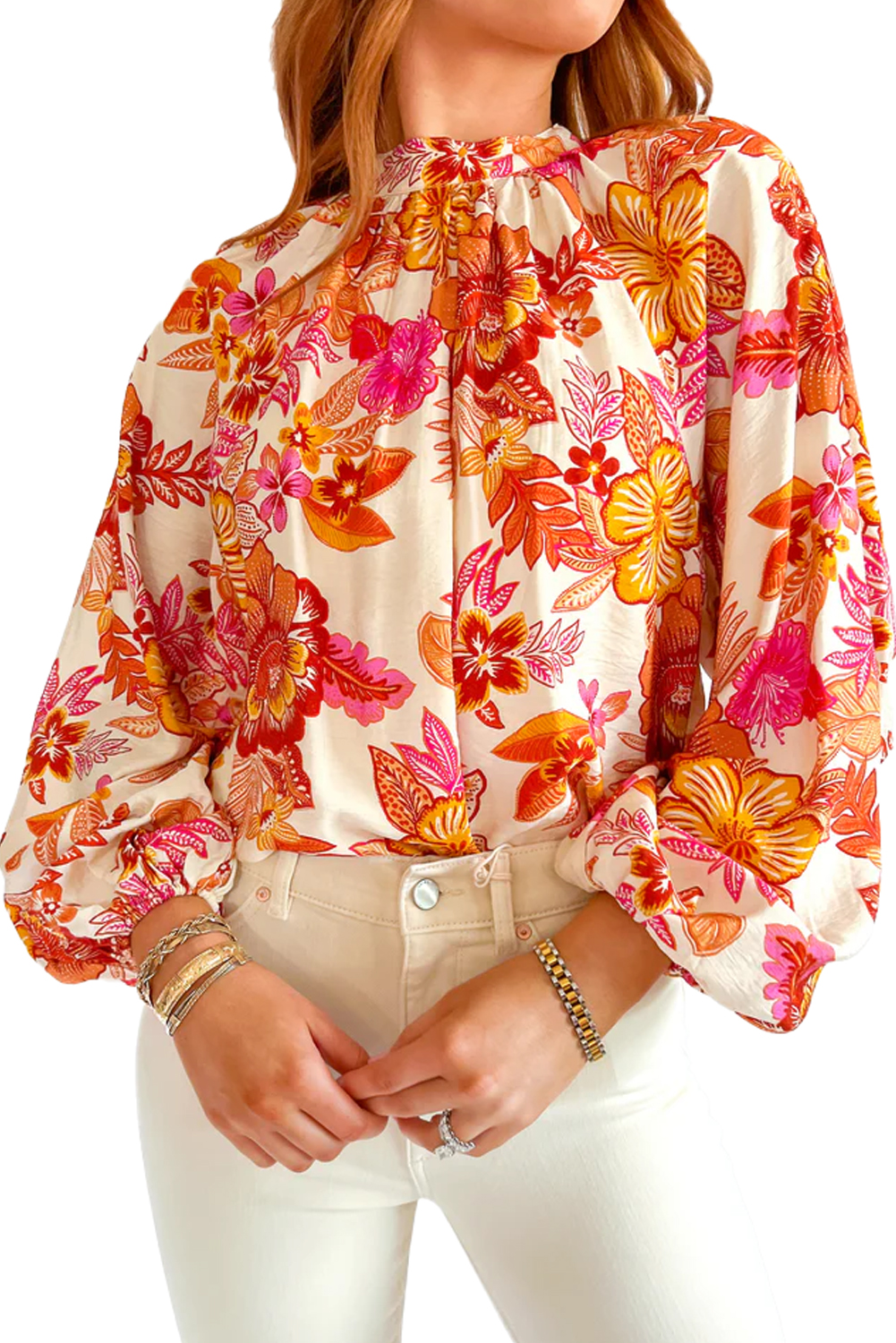 Orange Floral Print Pearl Button Keyhole Long Puff Sleeve Blouse - Image 3