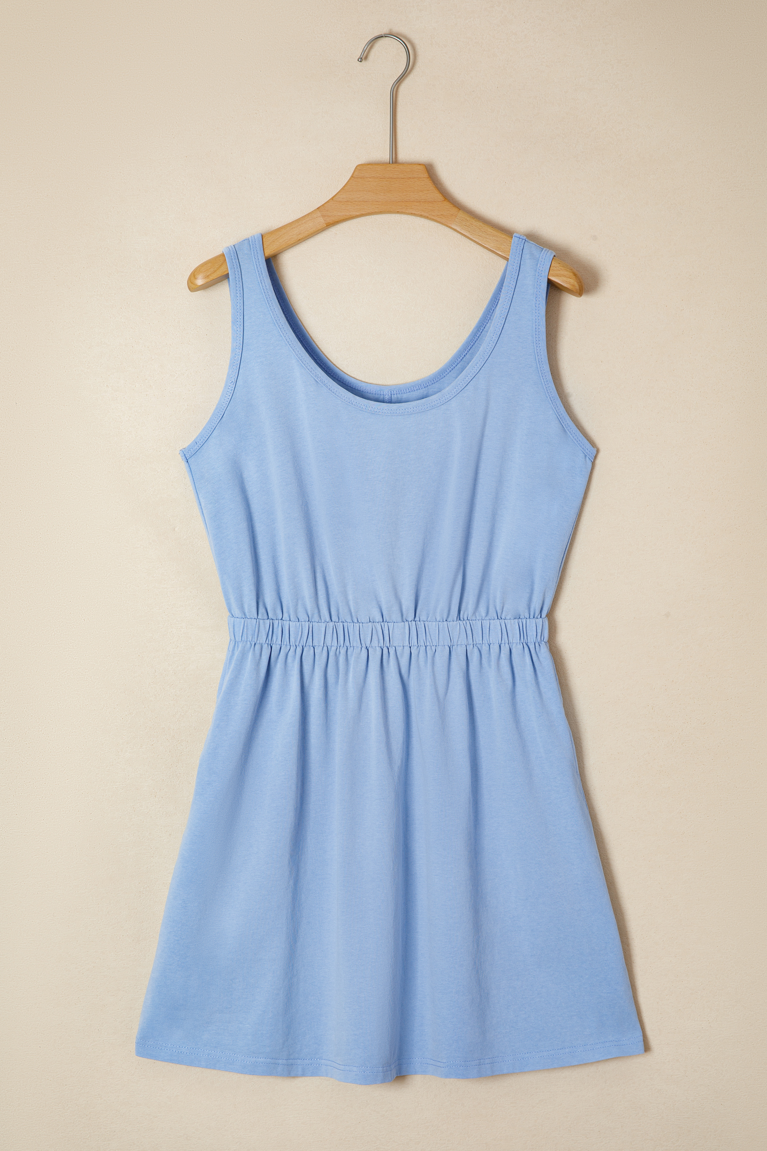 Sky Blue Mineral Wash Elastic Waist Tank Dress with Side Pockets - Image 3