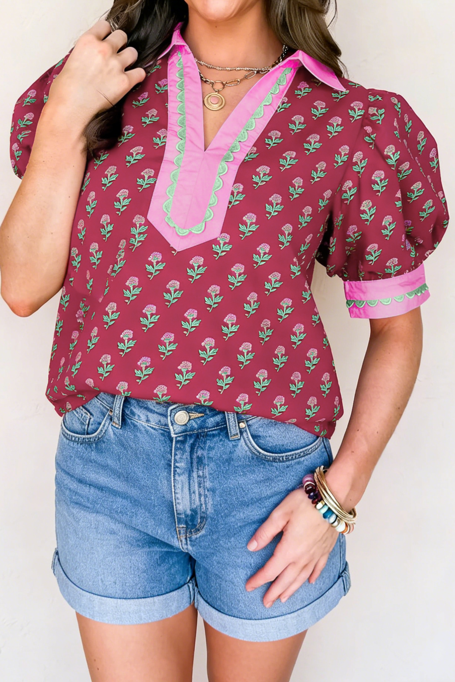 Red Contrast Collared V Neck Ricrac Trim Short Puff Sleeve Flower Blouse - Image 3