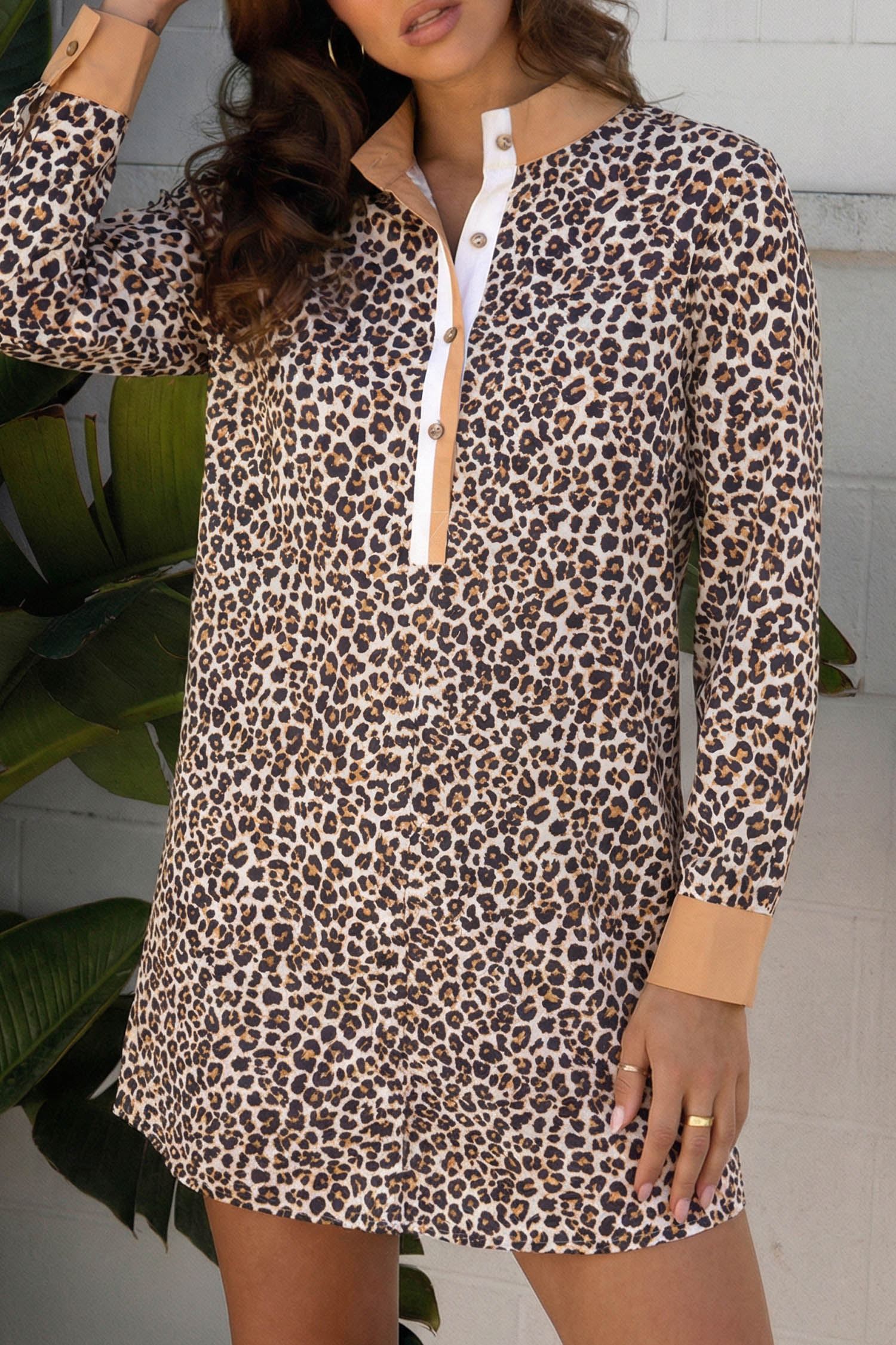 Khaki Button Striped Collar Leopard Print Long Sleeve Flared Dress - Image 3