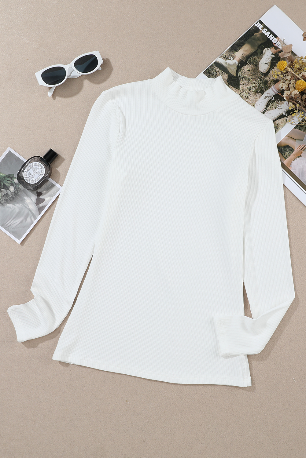White Ribbed Knit High Neck Long Sleeve Top - Image 4