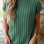 Mist Green Solid Color Round Neck Textured Short Sleeve Sweater