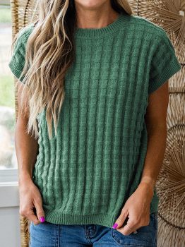 Mist Green Solid Color Round Neck Textured Short Sleeve Sweater