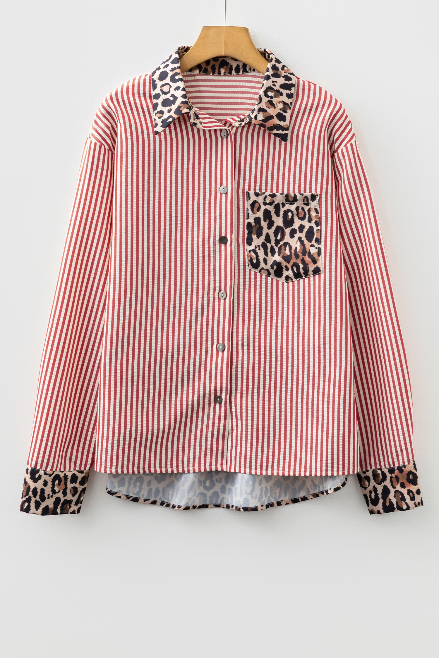 Racing Red Striped Leopard Print Patchwork Button Up Womens Shirt - Image 3