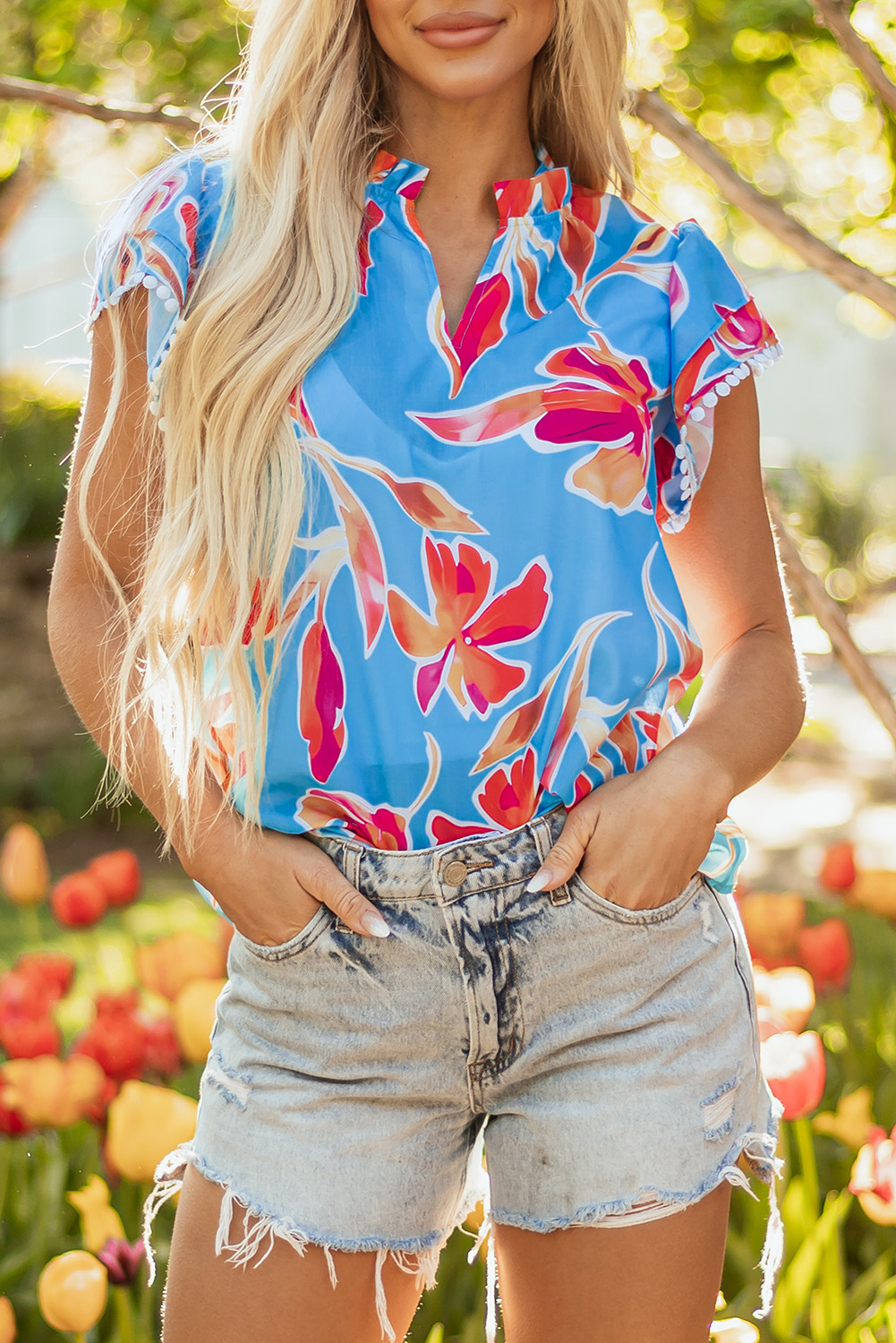 Sky Blue Floral Print V Neck Pompom Trim Flutter Sleeve Blouse - Image 8