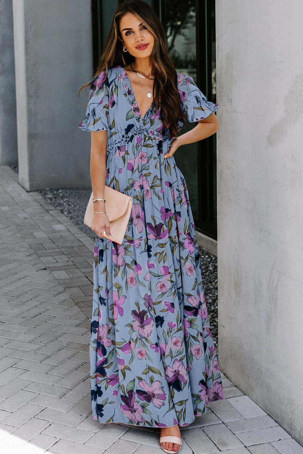 Sky Blue Fiery Floral Print Frilled V Neck Short Sleeve Maxi Dress - Image 2
