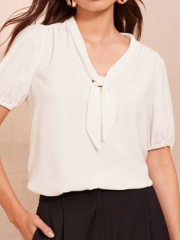 White Bow Tie V Neck Puff Sleeve Blouse
