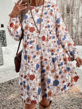Khaki Tiered Floral Round Neck Ruffled Long Sleeve Dress