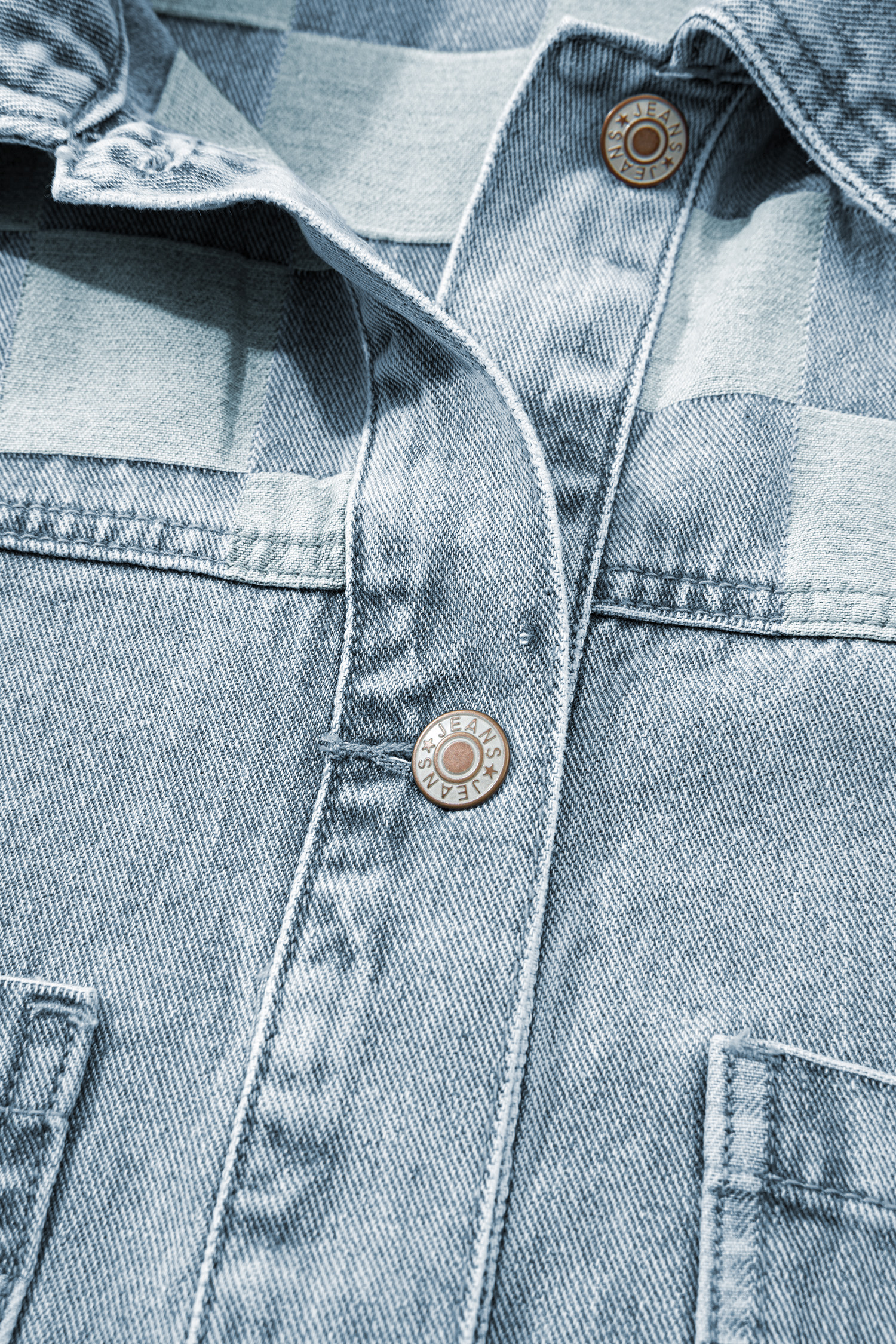 Beau Blue Denim Checkered Pattern Patchwork Womens Casual Jacket - Image 7